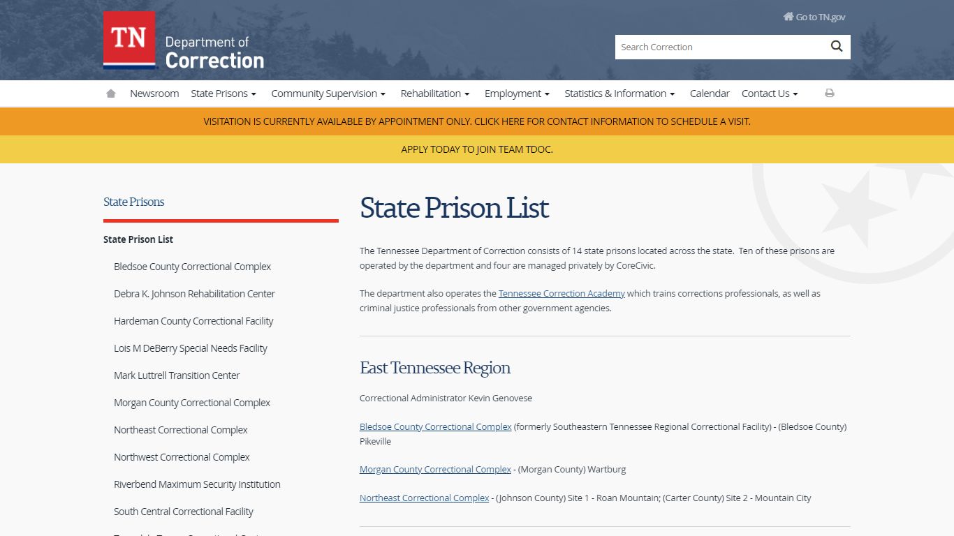 State Prison List - Tennessee State Government